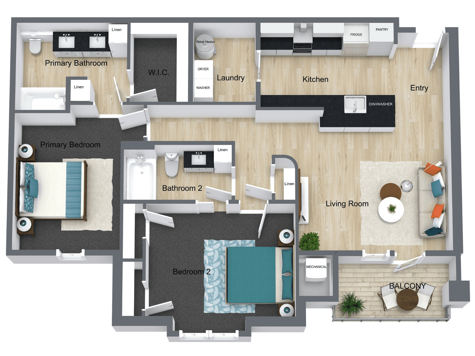 3D Floor Plan 2 Bedroom 2 Bathroom Called The Hollywood At Boulevard 45 3D Floor Plan 2 Bedroom 2 Bathroom Called The Hollywood At Boulevard 45