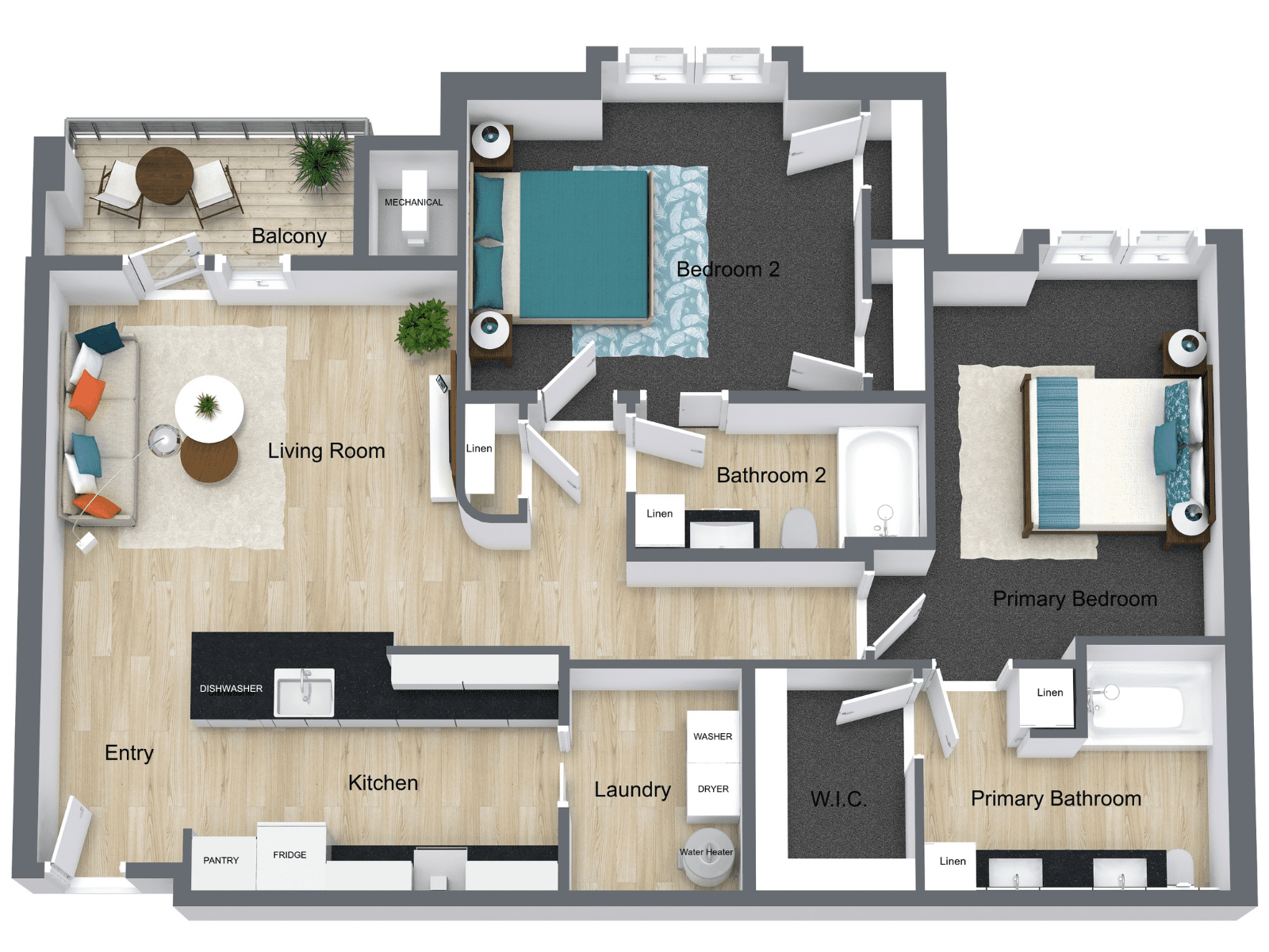 3D Floor Plan 2 Bedroom 2 Bathroom Called The Wilshire At Boulevard 45 3D Floor Plan 2 Bedroom 2 Bathroom Called The Wilshire At Boulevard 45