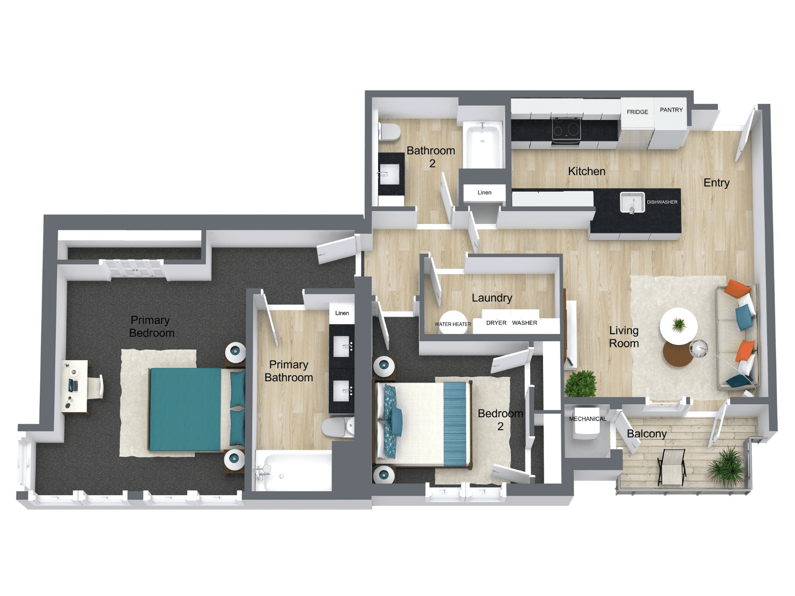 3D Floor Plan 2 Bedroom 2 Bathroom Called The Santa Monica at Boulevard 45 3D Floor Plan 2 Bedroom 2 Bathroom Called The Santa Monica at Boulevard 45